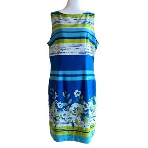Chadwick’s Blue/Green Watercolor Floral Tank Midi Dress 100% Cotton Size 14